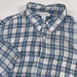 Calvin Klein Men's L 100% Linen Short Sleeve‎ Button Up Shirt Blue Plaid Multi